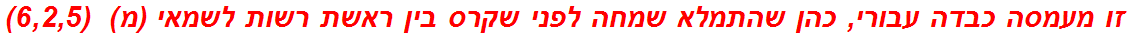 זו מעמסה כבדה עבורי, כהן שהתמלא שמחה לפני שקרס בין ראשת רשות לשמאי (מ)  (6,2,5)