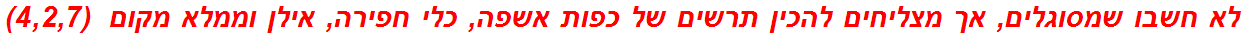 לא חשבו שמסוגלים, אך מצליחים להכין תרשים של כפות אשפה, כלי חפירה, אילן וממלא מקום  (4,2,7)